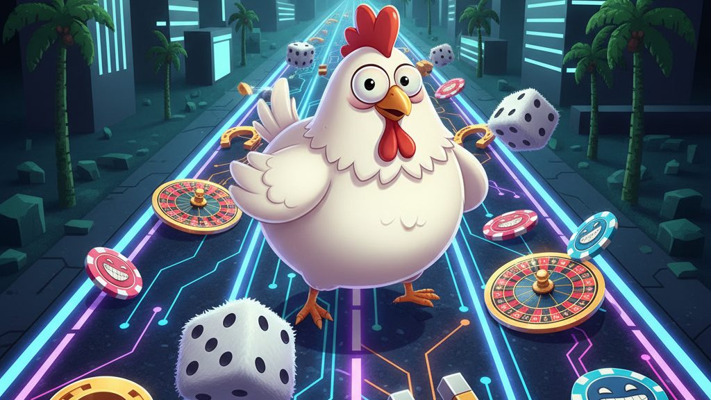 Gallina che attraversa una strada in stile videogioco arcade